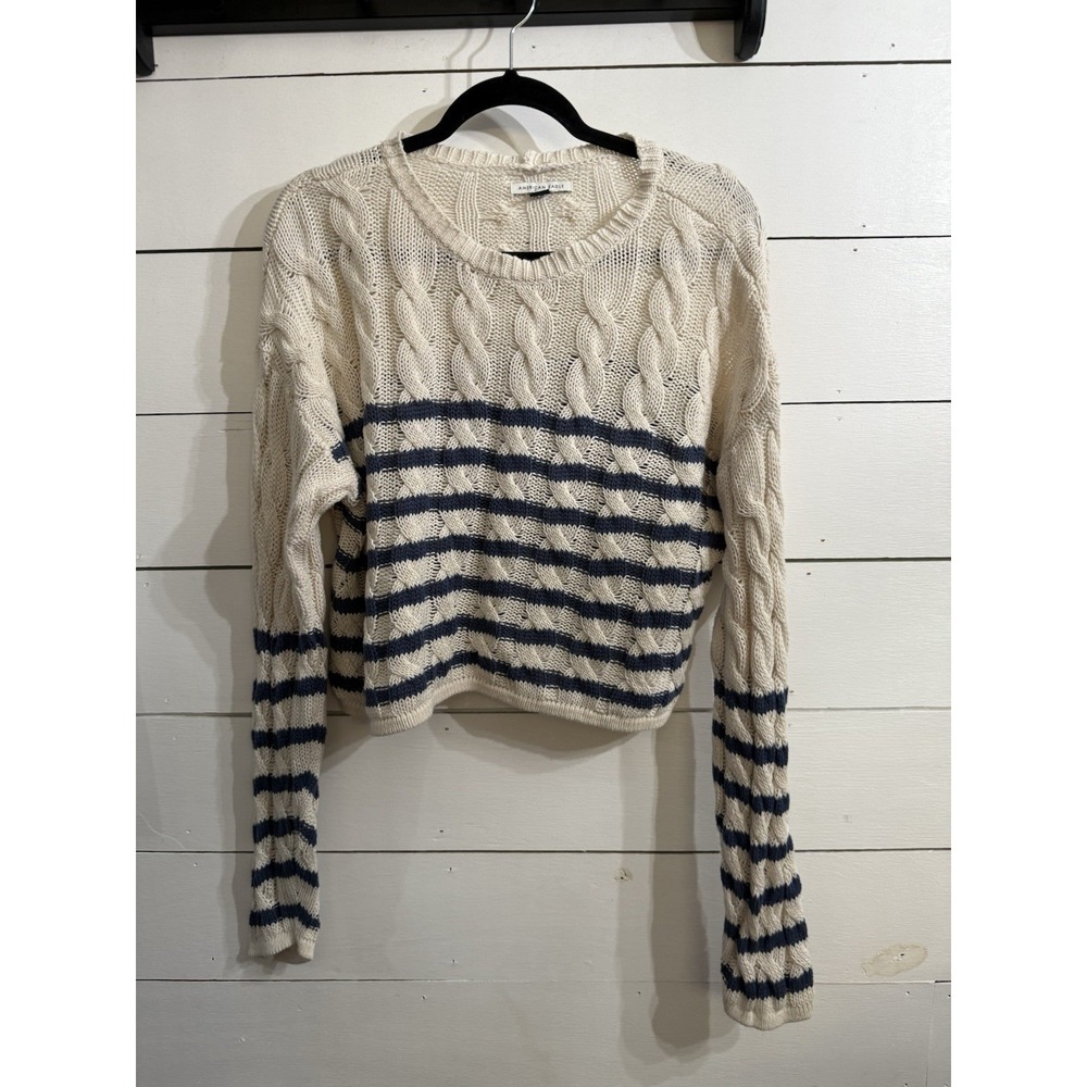American Eagle Sweater Womens Weekend Size Small White Blue Cotton Cable Knit
